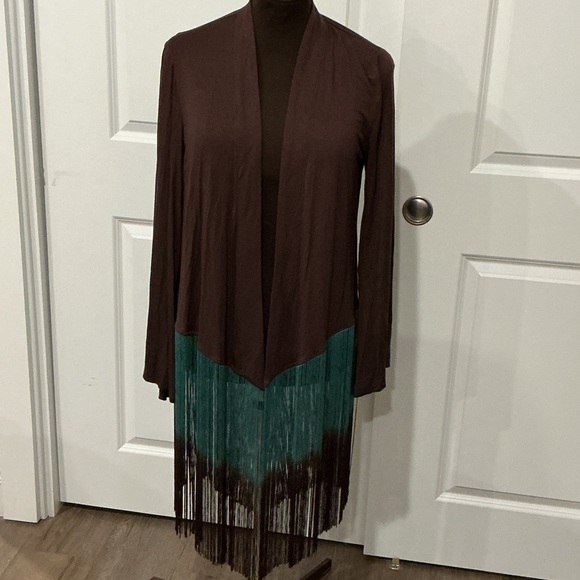 Boston Proper Sweaters - Boston Proper Women’s  Western Boho Brown Teal Fringe Open Cardigan Size Medium